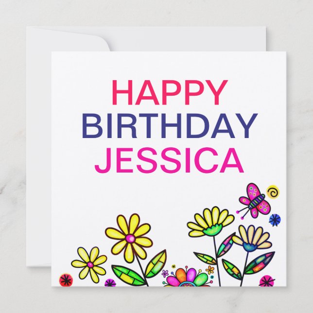 Rustic Colourful Artsy Flowers Happy Birthday Name Card (Front)