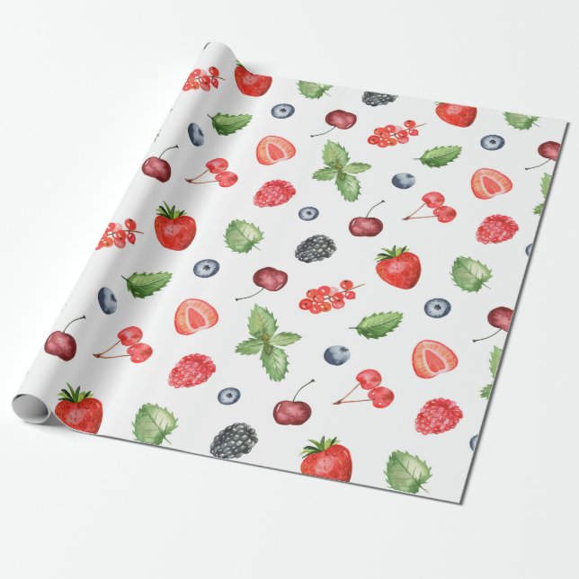 Rustic Colourful Watercolor Fruits Pattern Wrapping Paper (Unrolled)