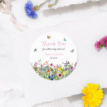 Rustic Colourful Wildflowers Wedding Thank You Classic Round Sticker<br><div class="desc">Rustic,  summery and modern,  this wedding thank you sticker features a brightly coloured field of delicate wildflowers with butterflies,  bumble bees and ladybugs.
You can customise all of the text and graphic placement details to your specific needs.</div>