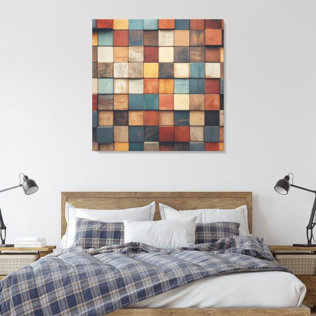 Rustic Colourful Wooden Blocks Pattern Canvas Print (Insitu(Bedroom))