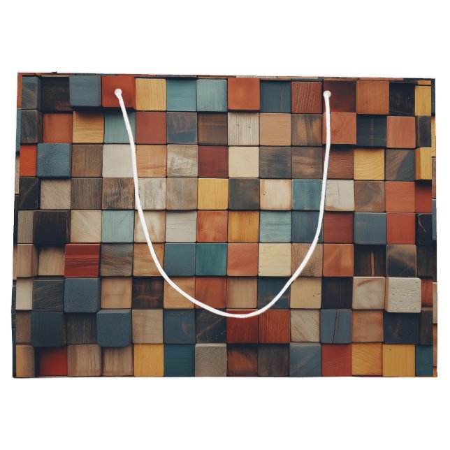 Rustic Colourful Wooden Blocks Pattern Large Gift Bag (Back)