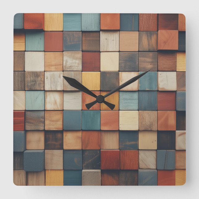 Rustic Colourful Wooden Blocks Pattern Square Wall Clock (Front)