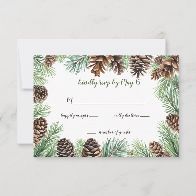 Rustic Conifer Leaves Pine cone Wedding RSVP Card (Front)