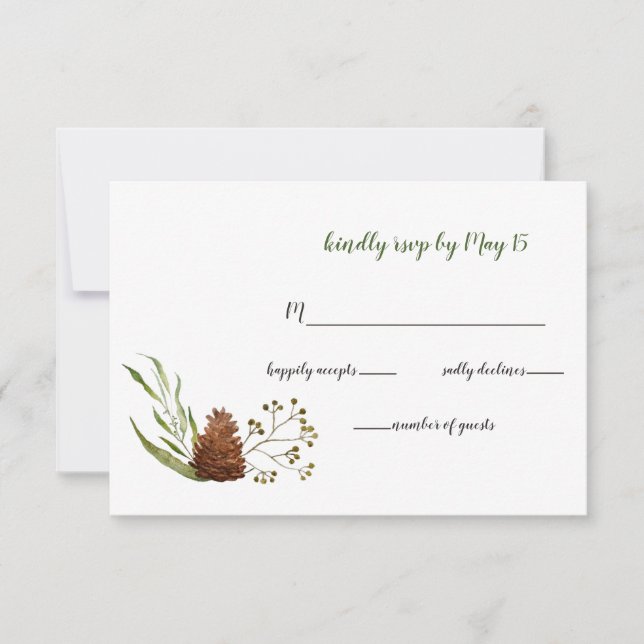 Rustic Conifer Leaves Pine cone Wedding RSVP Card (Front)