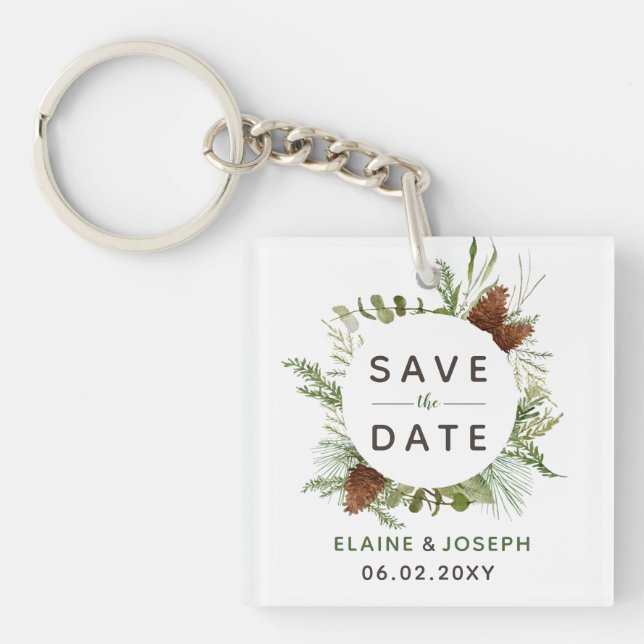 Rustic Conifer Pine Cone Save The Date Photo Key Ring (Front)