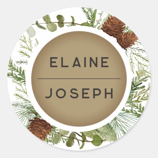 Rustic Conifer Pine cone Wedding Classic Round Sticker (Front)