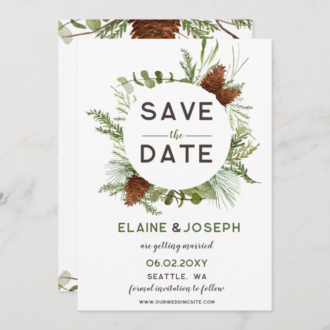Rustic Conifer Pine cone wedding Save the Date Announcement (Front/Back)
