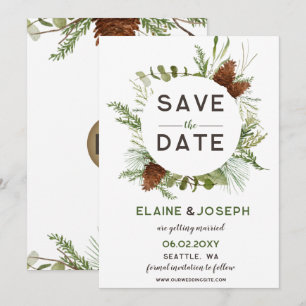 Rustic Conifer Pine cone wedding Save the Date Announcement