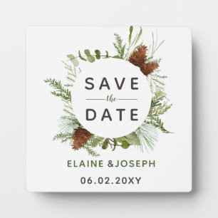 Rustic Conifer Pine cone wedding Save the Date Plaque