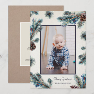 Rustic Conifer Watercolor Pinecones Photo Holiday Card