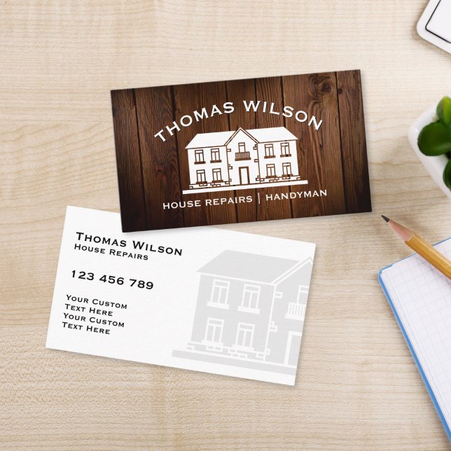 Rustic Construction Handyman Carpenter Tools Wood  Business Card (RUSTIC HOUSE ON THE WOOD TEXTURE BACKGROUND HOME REPAIR BUSINESS CARD)
