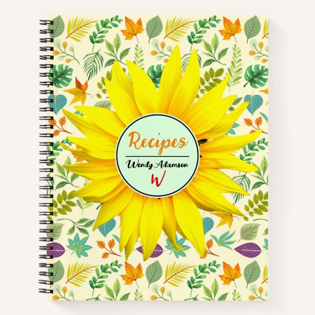 Rustic Cookbook Recipes (Spring Leaves) Sunflower Notebook (Front)