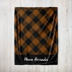 Rustic Copper and Black Buffalo Check Monogram Fleece Blanket