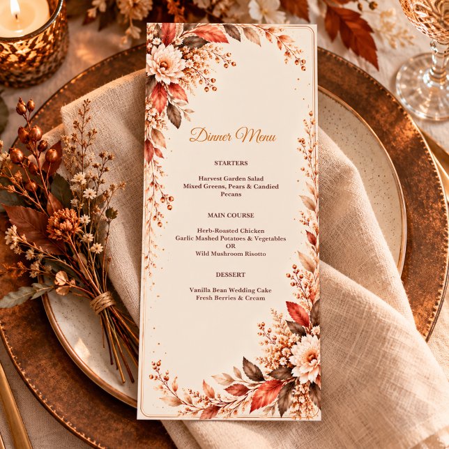 Rustic Copper and Brown Botanical Fall Wedding Menu (Creator Uploaded)