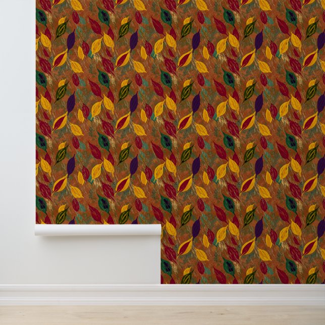 Rustic Copper Autumn Leaves Seamless Pattern  Wallpaper (Application)