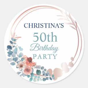 Rustic Copper Blue Floral 50th Birthday Party   Classic Round Sticker
