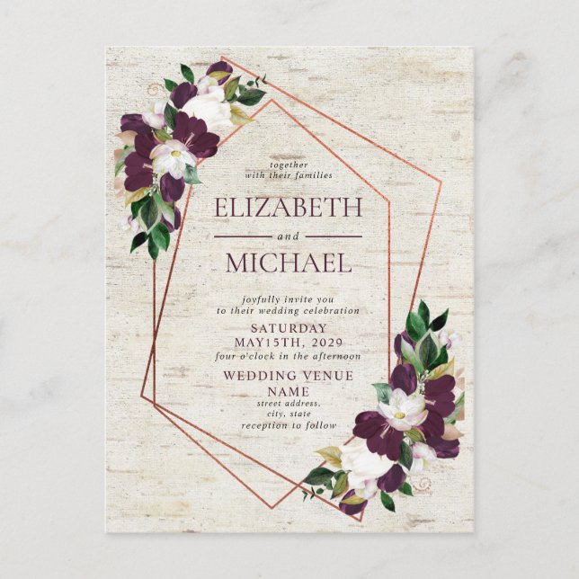 Rustic Copper Geometric Burgundy Postcard Wedding (Front)