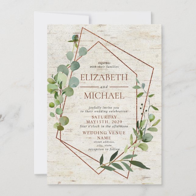 Rustic Copper Geometric Greenery Elegant Wedding Invitation (Front)