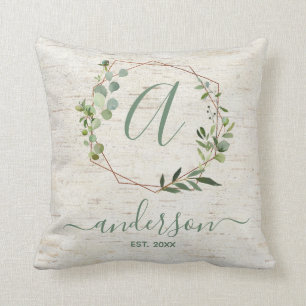 Rustic Copper Geometric Greenery Family Monogram Cushion