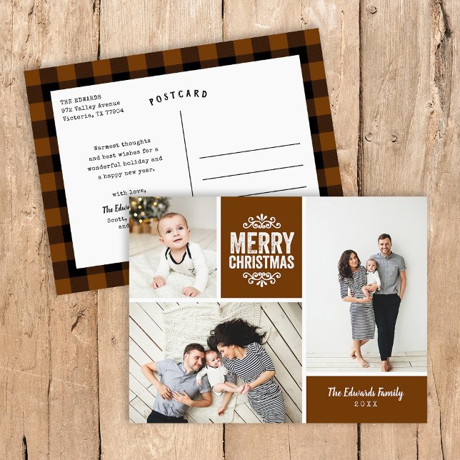 Rustic Copper Merry Christmas 3 Photo Collage Holiday Postcard (Creator Uploaded)