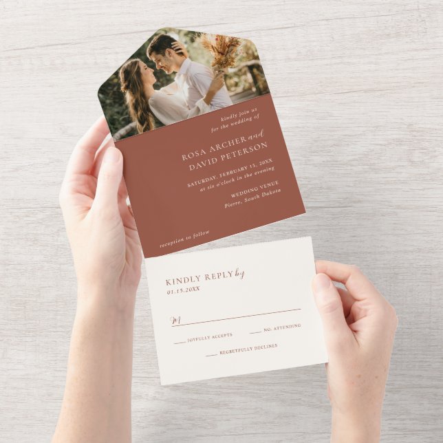 Rustic Copper Photo Editorial Modern Wedding All In One Invitation (Tearaway)