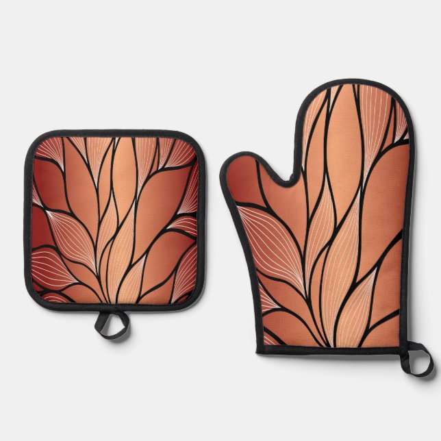 Rustic Coppery Bronze Leave Pattern  Oven Mitt & Pot Holder Set (Front)