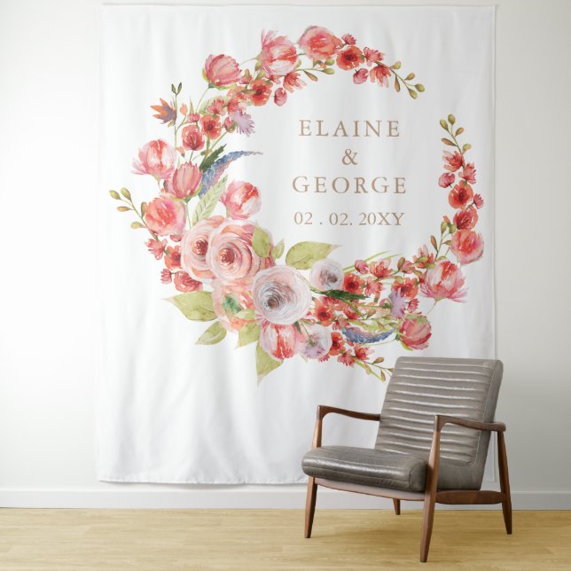 Rustic Coral Blush Floral Wedding Backdrop Tapestry (In Situ)
