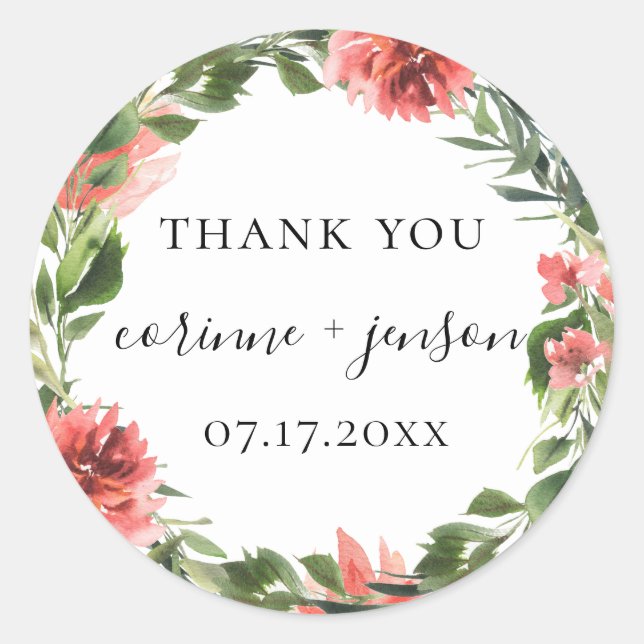 Rustic Coral Botanical Wedding Favour Classic Round Sticker (Front)