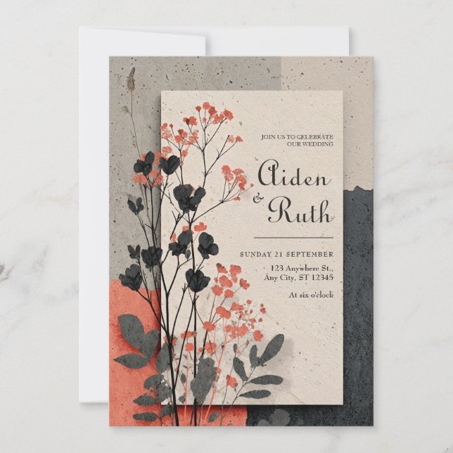 Rustic Coral & Charcoal Foliage Wedding  Invitation (Front)