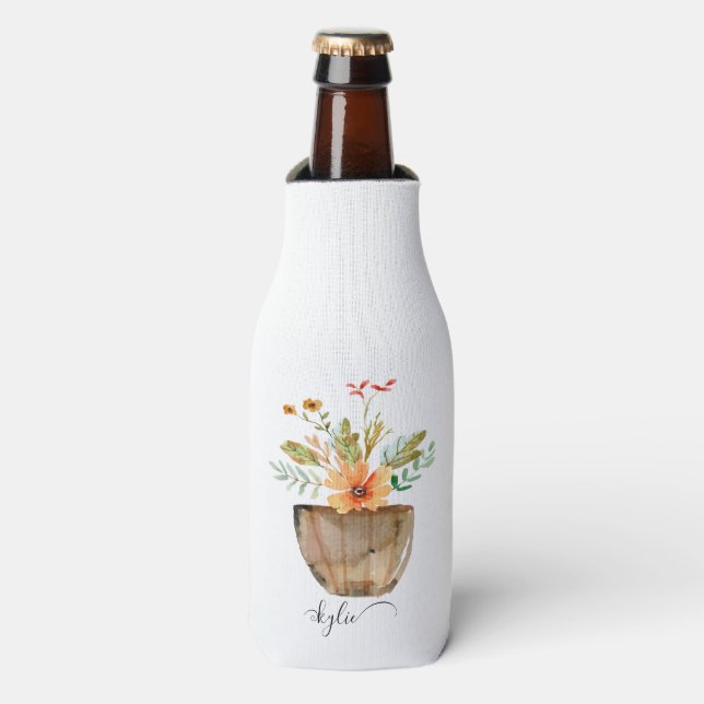 Rustic Coral Painted Flowers Bottle Cooler (Bottle Front)