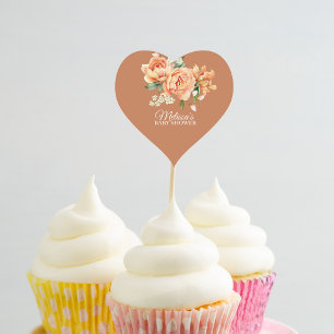Rustic Coral Peach Flower Cupcake Topper Heart Sticker