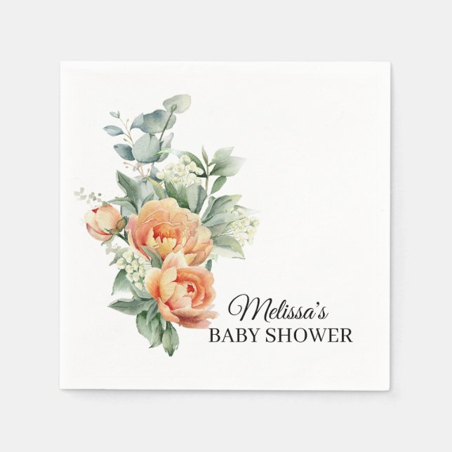 Rustic Coral Peach Flower Greenery Paper Napkin (Front)