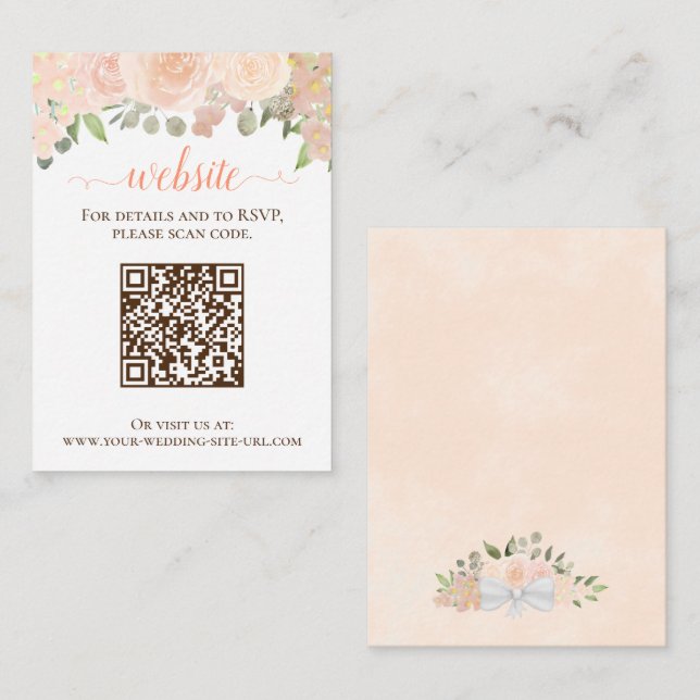 Rustic Coral Peach Roses Wedding Website QR Code Enclosure Card (Front/Back)