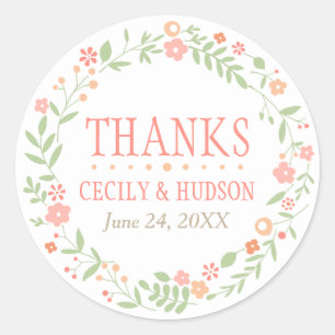 Rustic Coral Pink and Green Floral Wedding Classic Round Sticker