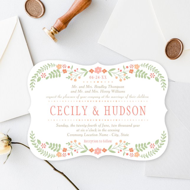 Rustic Coral Pink and Green Floral Wedding Invitation (Creator Uploaded)