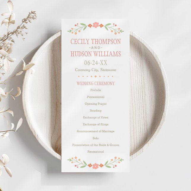 Rustic Coral Pink and Green Floral Wedding Programme (Creator Uploaded)