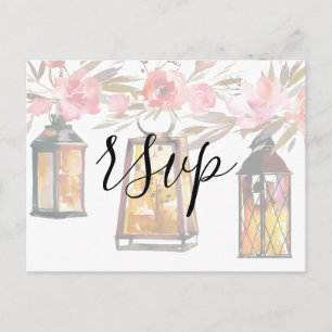 Rustic Coral Rose Gold Lanterns Floral RSVP Invitation Postcard