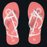 Rustic Coral Vintage Anchor Monogram Flip Flops<br><div class="desc">Custom printed flip flop sandals with a rustic nautical vintage anchor illustration and your custom monogram or other text. Click Customise It to change text fonts and colours or add your own images to create a unique one of a kind design!</div>