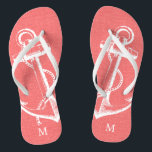 Rustic Coral Vintage Anchor Monogram Flip Flops<br><div class="desc">Custom printed flip flop sandals with a rustic nautical vintage anchor illustration and your custom monogram or other text. Click Customise It to change text fonts and colours or add your own images to create a unique one of a kind design!</div>