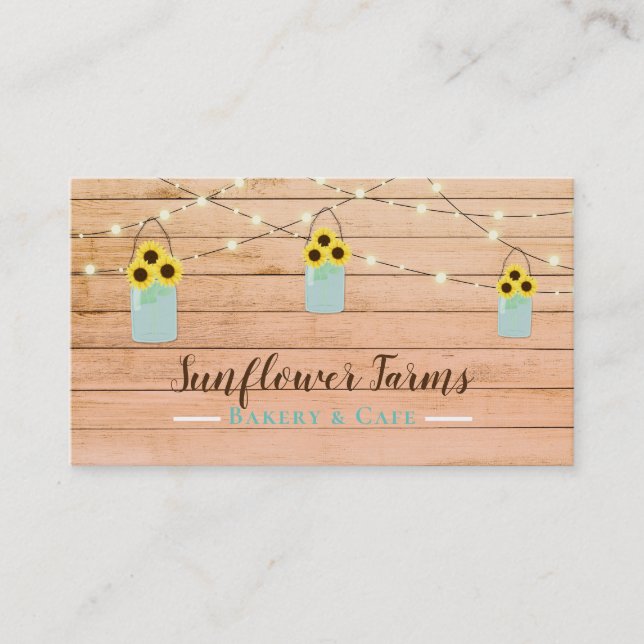 Rustic Coral Wood Lights & Mason Jar Sunflowers Business Card (Front)