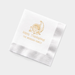 Rustic Cornucopia Happy Thanksgiving Family Name  Foil Napkins