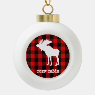 Rustic Cosy Cabin Buffalo Plaid Moose Ceramic Ball Christmas Ornament
