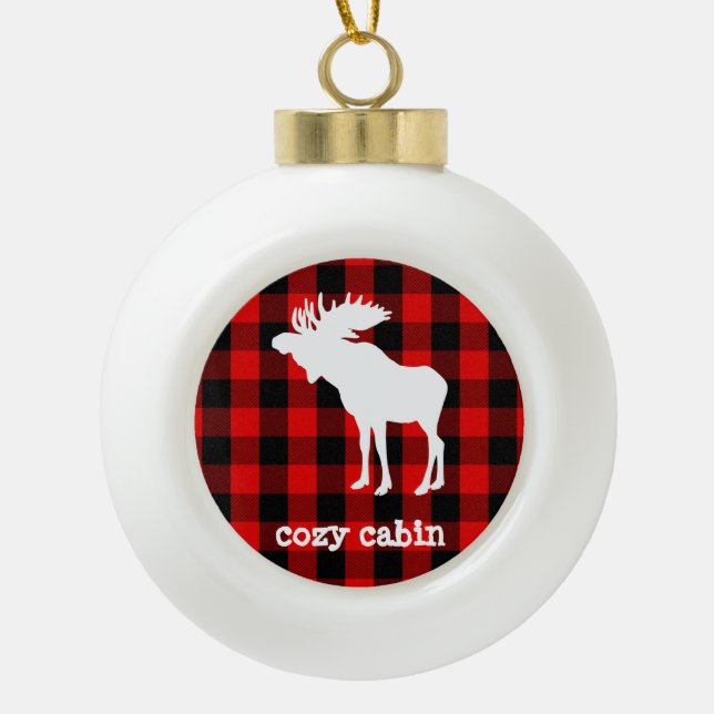 Rustic Cosy Cabin Buffalo Plaid Moose Ceramic Ball Christmas Ornament (Front)