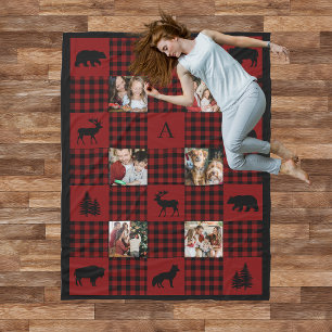Rustic Cosy Cabin Red Plaid 6 Photo Monogram Fleece Blanket