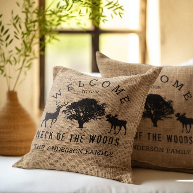 Rustic Cosy Cabin Welcome Family Name Throw Pillow (Creator Uploaded)