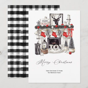 Rustic Cosy Christmas Scene Fireplace Stockings Holiday Card