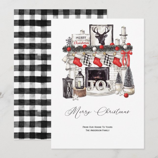 Rustic Cosy Christmas Scene Fireplace Stockings Holiday Card (Front/Back)