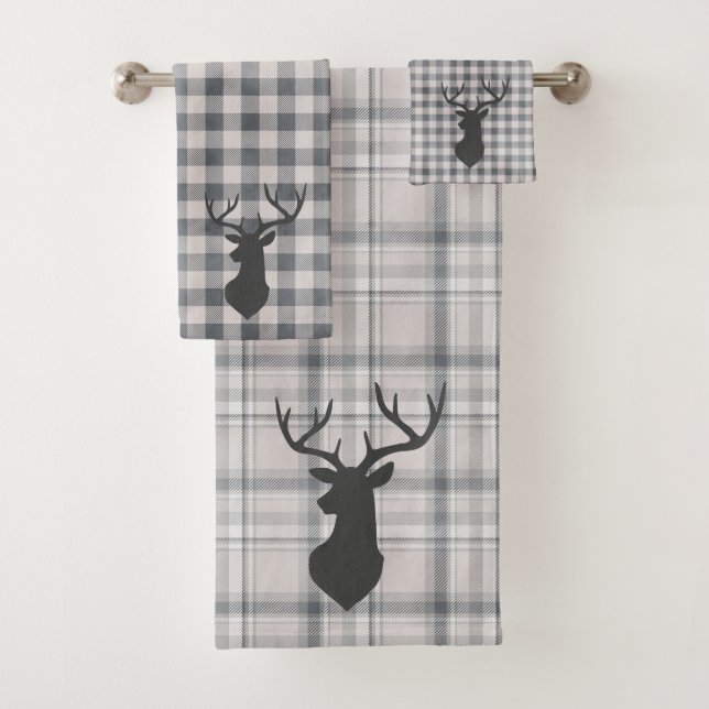 Rustic Cosy Farmhouse Plaid Buck Silhouette Bath T Bath Towel Set (Insitu)