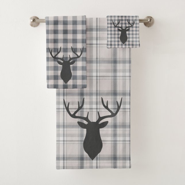 Rustic Cosy Farmhouse Plaid Buck Silhouette Bath T Towel Set (Insitu)