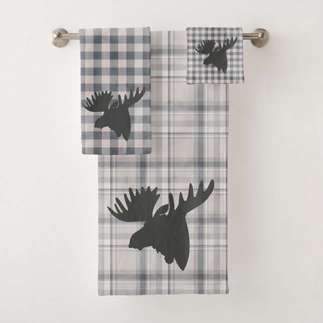Rustic Cosy Farmhouse Plaid Moose Silhouette  Bath Bath Towel Set (Insitu)